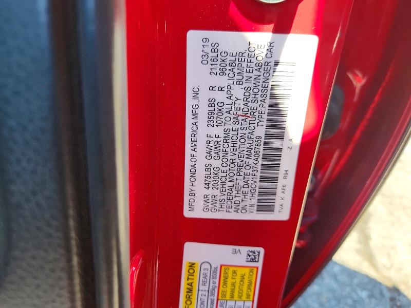 Auction sale of the 2019 Honda Accord, vin: 1HGCV1F37KA067859, lot number: 60062376