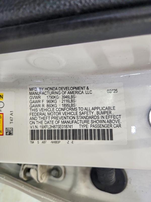 63361716 :رقم المزاد ، 19XFL2H87SE018741 vin ، 2025 Honda Civic مزاد بيع