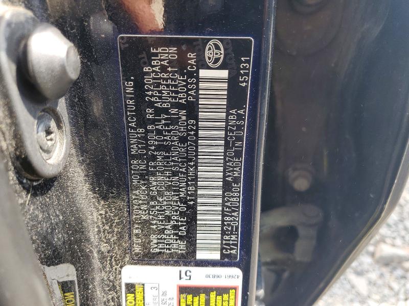 62709106 :رقم المزاد ، 4T1B11HK4JU070429 vin ، 2018 Toyota Camry مزاد بيع
