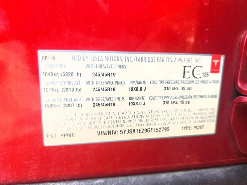 60983876 :رقم المزاد ، 5YJSA1E29GF152795 vin ، 2016 Tesla Model S مزاد بيع