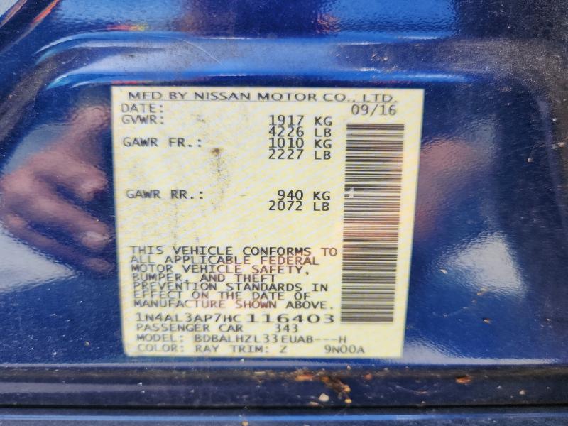 2017 Nissan Altima მანქანა იყიდება აუქციონზე, vin: 1N4AL3AP7HC116403, აუქციონის ნომერი: 62061506