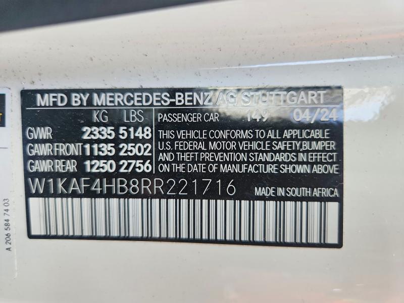 2024 Mercedes-benz C მანქანა იყიდება აუქციონზე, vin: W1KAF4HB8RR221716, აუქციონის ნომერი: 61561436