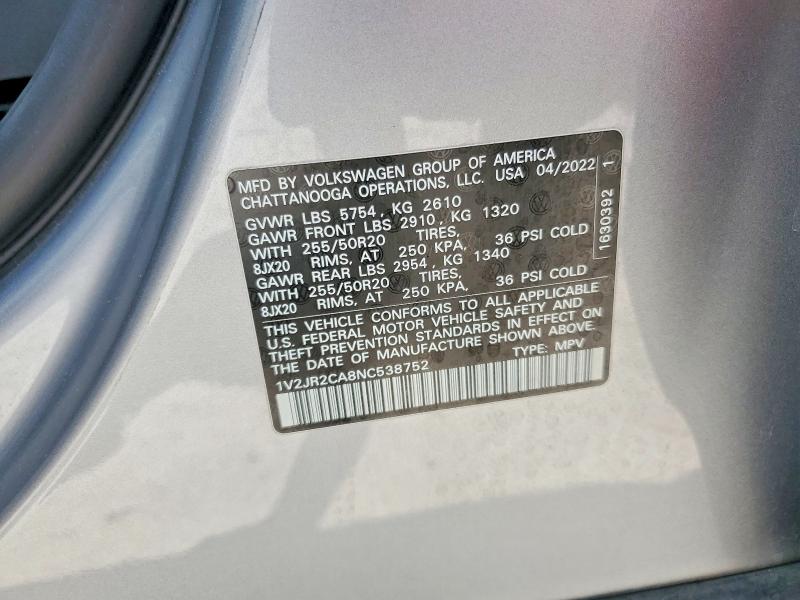 60365046 :رقم المزاد ، 1V2JR2CA8NC538752 vin ، 2022 Volkswagen Atlas مزاد بيع