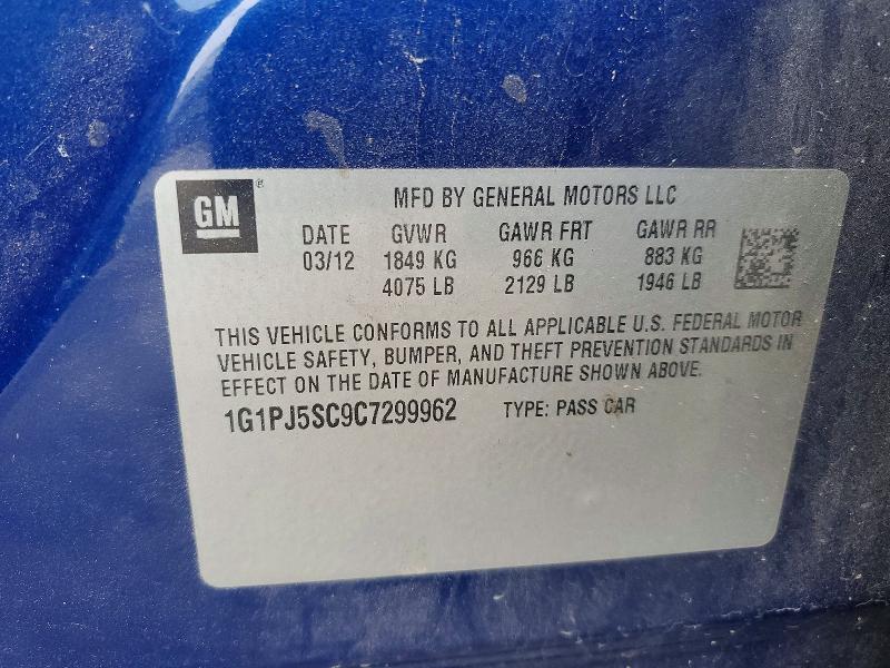 62578526 :رقم المزاد ، 1G1PJ5SC9C7299962 vin ، 2012 Chevrolet Cruze مزاد بيع