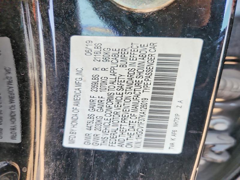 2019 Honda Accord მანქანა იყიდება აუქციონზე, vin: 1HGCV1F37KA126019, აუქციონის ნომერი: 61383346