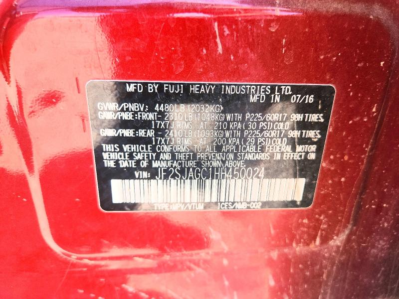 2017 Subaru Forester მანქანა იყიდება აუქციონზე, vin: JF2SJAGC1HH450024, აუქციონის ნომერი: 62438576