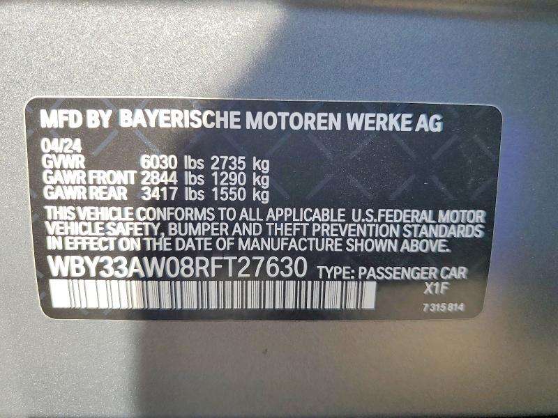 Aukcja sprzedaży 2024 Bmw I4, vin: WBY33AW08RFT27630, numer aukcji: 60888506