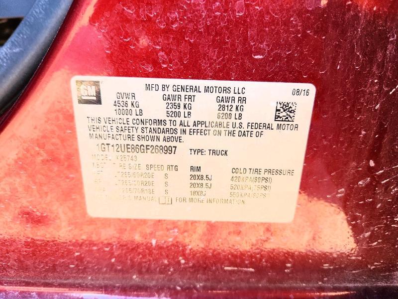 2016 Gmc Sierra მანქანა იყიდება აუქციონზე, vin: 1GT12UE86GF268997, აუქციონის ნომერი: 62038226