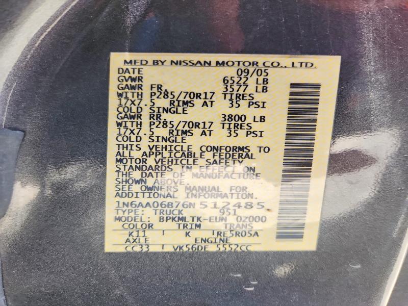 Продажа на аукционе авто 2006 Nissan Titan, vin: 1N6AA06B76N512485, номер лота: 62426306