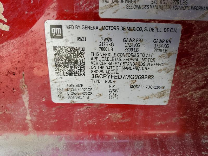 Продаж на аукціоні авто 2021 Chevrolet Silverado, vin: 3GCPYFED7MG369283, номер лоту: 62282906