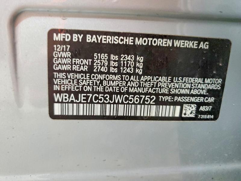 2018 Bmw 540 მანქანა იყიდება აუქციონზე, vin: WBAJE7C53JWC56752, აუქციონის ნომერი: 60582466