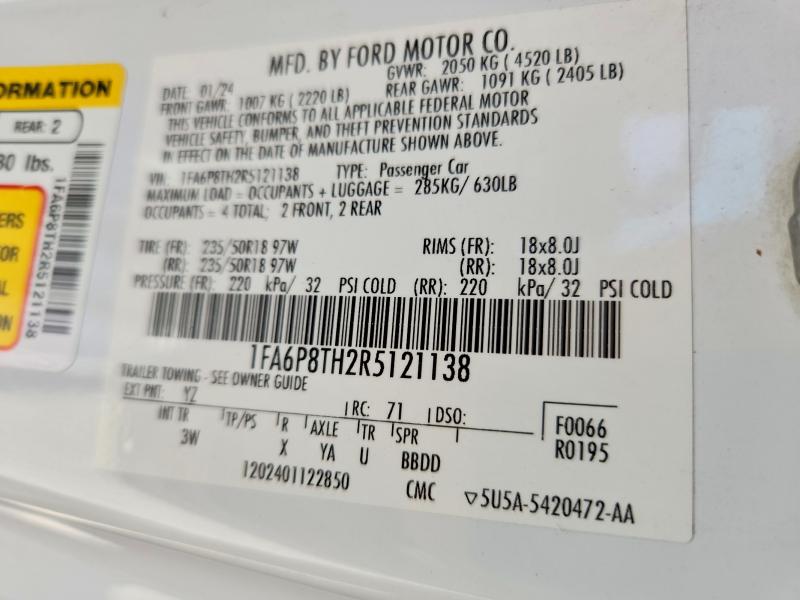 2024 Ford Mustang მანქანა იყიდება აუქციონზე, vin: 1FA6P8TH2R5121138, აუქციონის ნომერი: 60956416