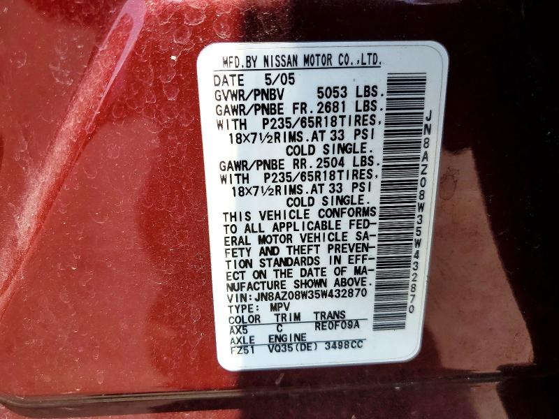 Продажа на аукционе авто 2005 Nissan Murano, vin: JN8AZ08W35W432870, номер лота: 60459516