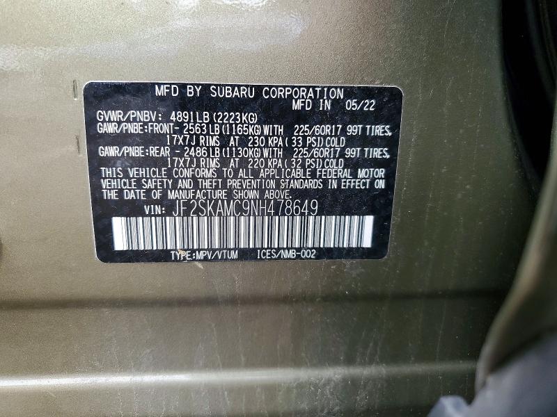 Продаж на аукціоні авто 2022 Subaru Frstr 4x4 W/ey Spt, vin: JF2SKAMC9NH478649, номер лоту: 60758016