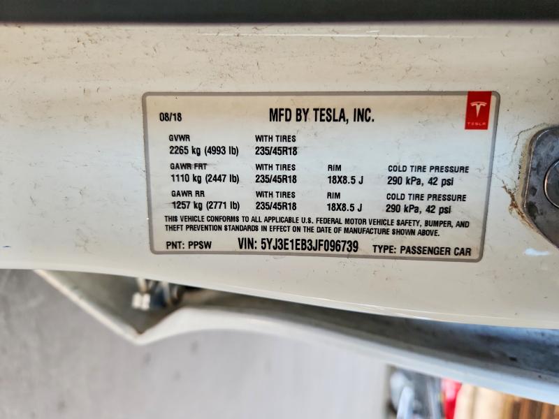 Продажа на аукционе авто 2018 Tesla Model 3, vin: 5YJ3E1EB3JF096739, номер лота: 61638616