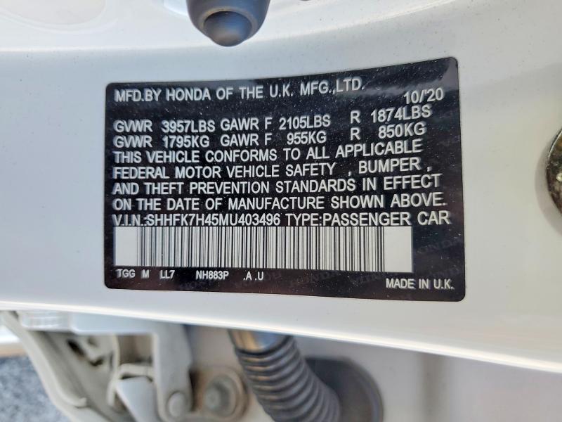 Продаж на аукціоні авто 2021 Honda Civic, vin: SHHFK7H45MU403496, номер лоту: 59403876