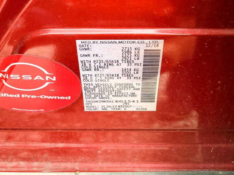 60010466 :رقم المزاد ، 5N1DR2MN5KC601541 vin ، 2019 Nissan Pathfinder مزاد بيع