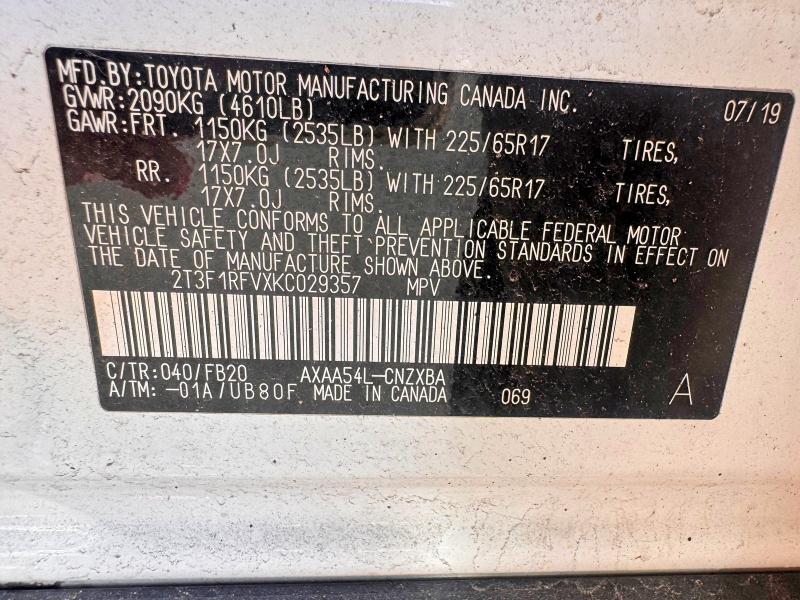 60364786 :رقم المزاد ، 2T3F1RFVXKC029357 vin ، 2019 Toyota Rav4 مزاد بيع
