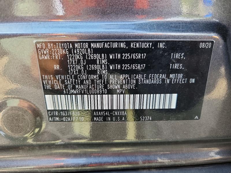 61472436 :رقم المزاد ، 4T3MWRFV1LU008910 vin ، 2020 Toyota Rav4 مزاد بيع