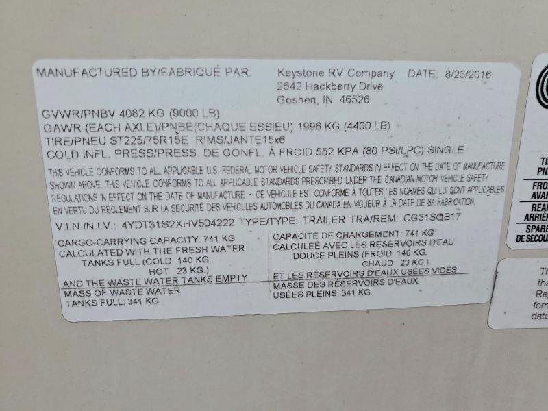 Продажа на аукционе авто 2017 Keystone Cougar, vin: 4YDT31S2XHV504222, номер лота: 61067076