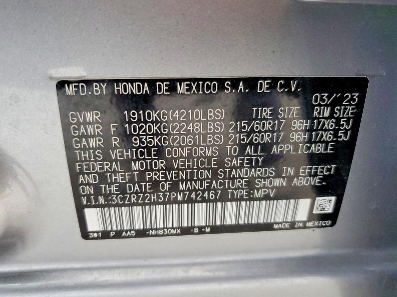 62413356 :رقم المزاد ، 3CZRZ2H37PM742467 vin ، 2023 Honda Hr-v مزاد بيع