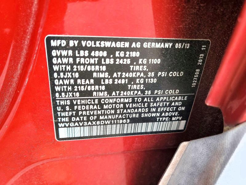 Aukcja sprzedaży 2013 Volkswagen Tiguan, vin: WVGAV3AX8DW111963, numer aukcji: 60074746