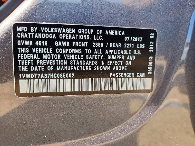 Aukcja sprzedaży 2017 Volkswagen Passat, vin: 1VWDT7A37HC085002, numer aukcji: 60809536