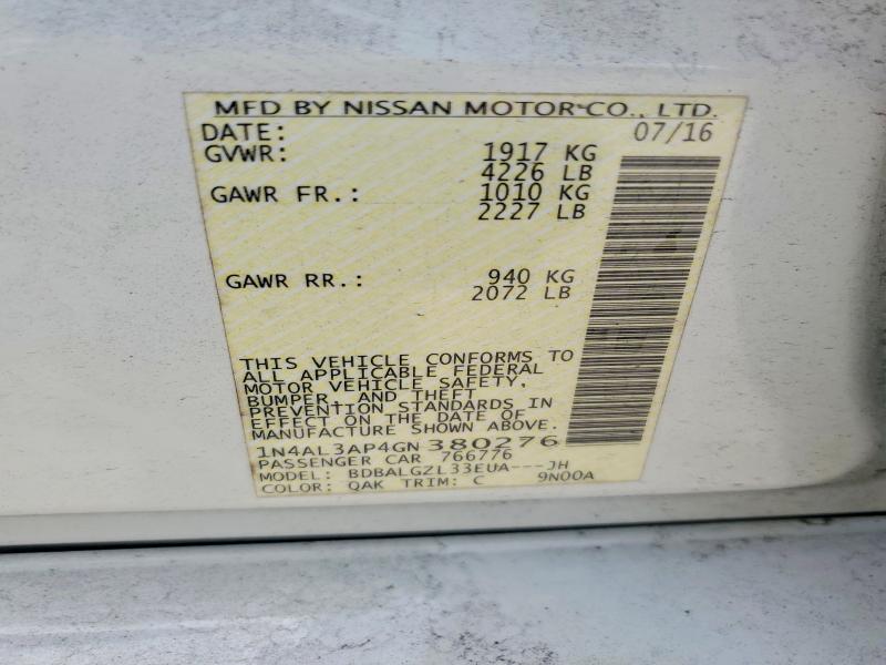 2016 Nissan Altima მანქანა იყიდება აუქციონზე, vin: 1N4AL3AP4GN380276, აუქციონის ნომერი: 60495406