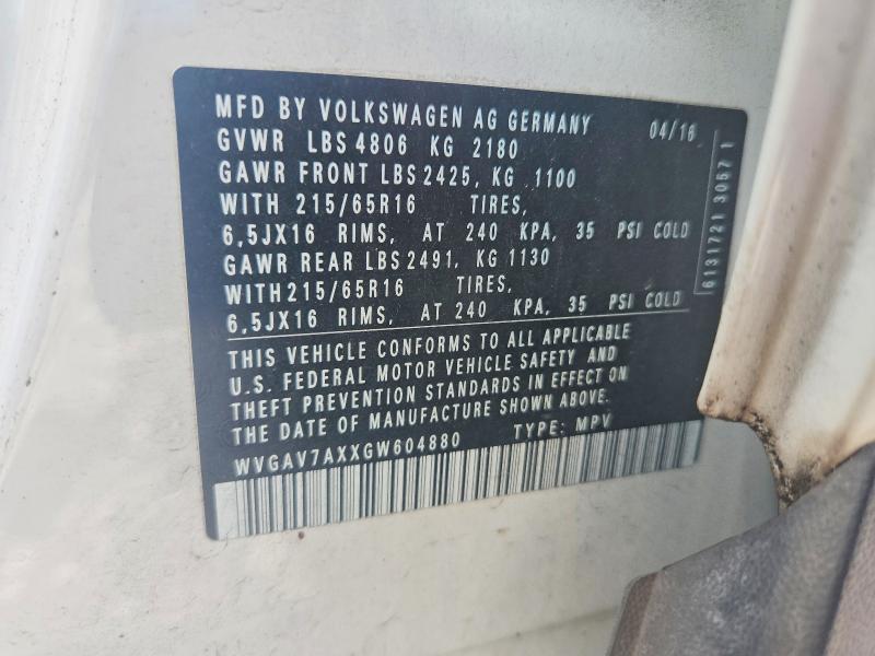 2016 Volkswagen Tiguan მანქანა იყიდება აუქციონზე, vin: WVGAV7AXXGW604880, აუქციონის ნომერი: 61984966