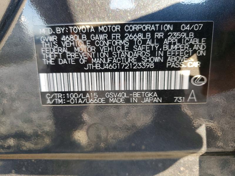 2007 Lexus Es მანქანა იყიდება აუქციონზე, vin: JTHBJ46G172123398, აუქციონის ნომერი: 59742926
