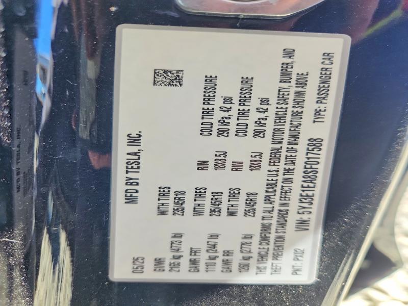 62236846 :رقم المزاد ، 5YJ3E1EA8SF017588 vin ، 2025 Tesla Model 3 مزاد بيع