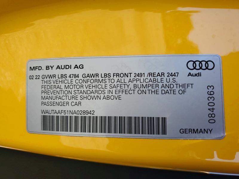 62695026 :رقم المزاد ، WAUTAAF51NA028942 vin ، 2022 Audi A5 مزاد بيع