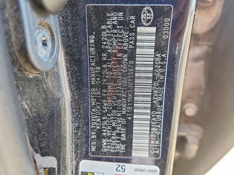 Продаж на аукціоні авто 2018 Toyota Camry, vin: 4T1B11HK5JU115670, номер лоту: 59695966