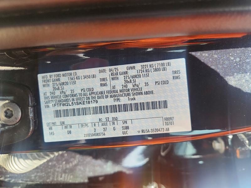 Aukcja sprzedaży 2025 Ford F150, vin: 1FTFW2L51SKE18179, numer aukcji: 61627906