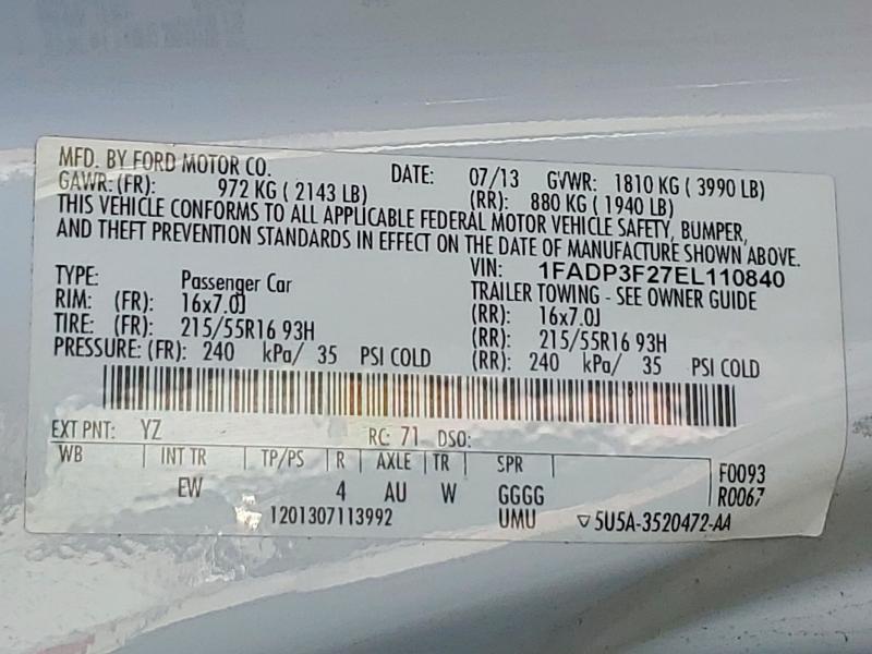 Продажа на аукционе авто 2014 Ford Focus, vin: 1FADP3F27EL110840, номер лота: 59684306