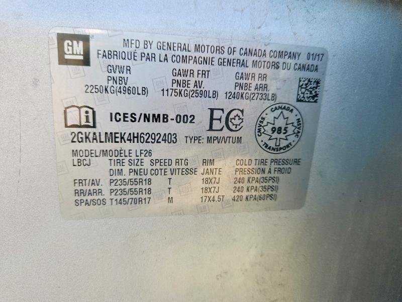 2017 Gmc Terrain მანქანა იყიდება აუქციონზე, vin: 2GKALMEK4H6292403, აუქციონის ნომერი: 60859526