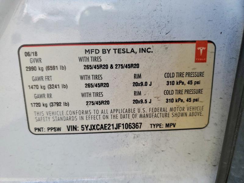 2018 Tesla Model X მანქანა იყიდება აუქციონზე, vin: 5YJXCAE21JF106367, აუქციონის ნომერი: 59001636