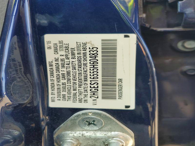 2005 Honda Civic მანქანა იყიდება აუქციონზე, vin: 2HGES16555H604835, აუქციონის ნომერი: 61427486