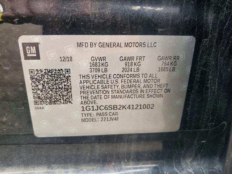 61117316 :رقم المزاد ، 1G1JC6SB2K4121002 vin ، 2019 Chevrolet Sonic مزاد بيع