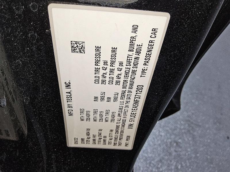 2022 Tesla Model 3 მანქანა იყიდება აუქციონზე, vin: 5YJ3E1EA5NF371203, აუქციონის ნომერი: 60132876