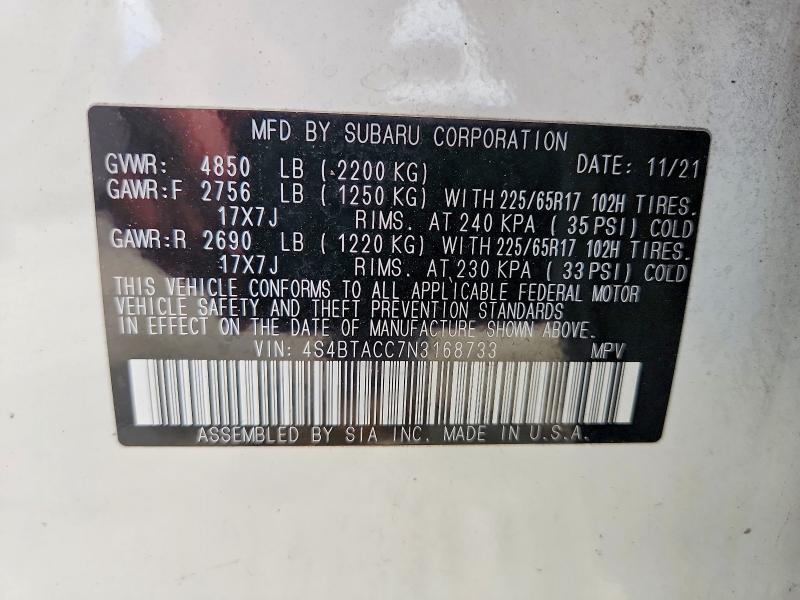 60169946 :رقم المزاد ، 4S4BTACC7N3168733 vin ، 2022 Subaru Outback مزاد بيع