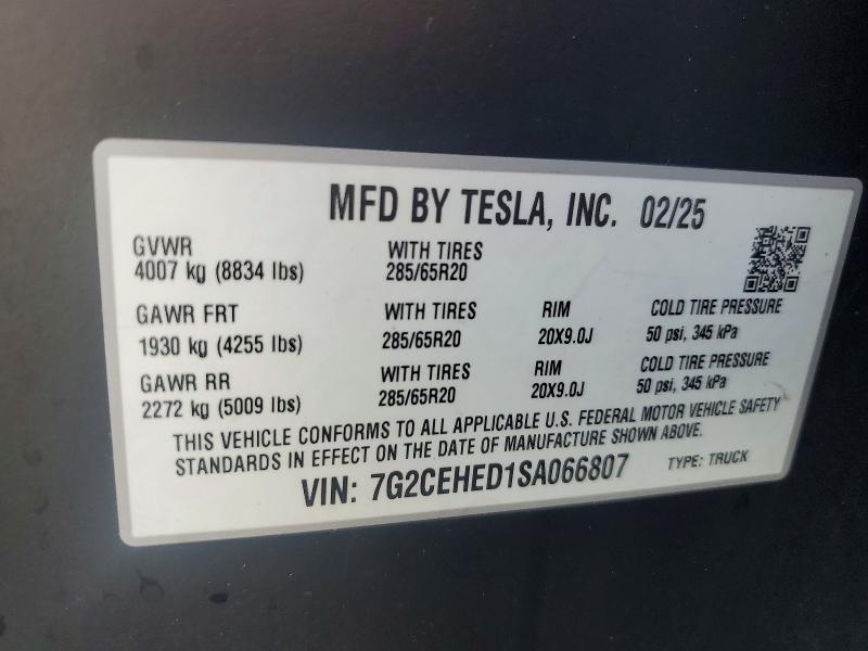 Aukcja sprzedaży 2025 Tesla Cybertruck, vin: 7G2CEHED1SA066807, numer aukcji: 62944776
