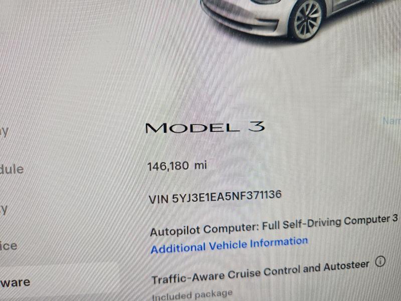 2022 Tesla Model 3 მანქანა იყიდება აუქციონზე, vin: 5YJ3E1EA5NF371136, აუქციონის ნომერი: 60517506