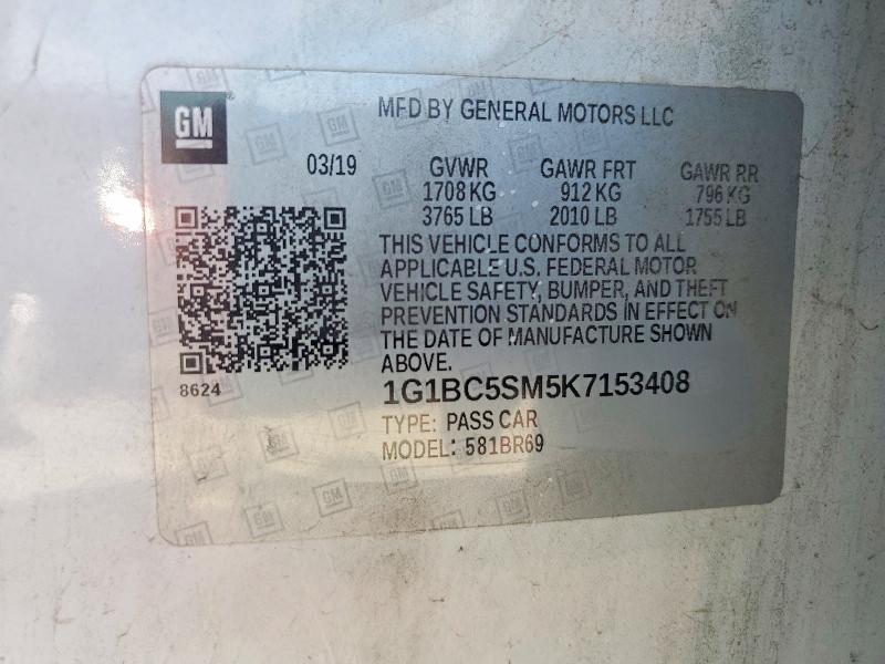 59634556 :رقم المزاد ، 1G1BC5SM5K7153408 vin ، 2019 Chevrolet Cruze مزاد بيع