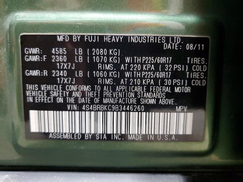 2011 Subaru Outback მანქანა იყიდება აუქციონზე, vin: 4S4BRBKC9B3446260, აუქციონის ნომერი: 60354646