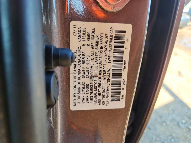 2013 Honda Civic მანქანა იყიდება აუქციონზე, vin: 2HGFB2F57DH567263, აუქციონის ნომერი: 60120216