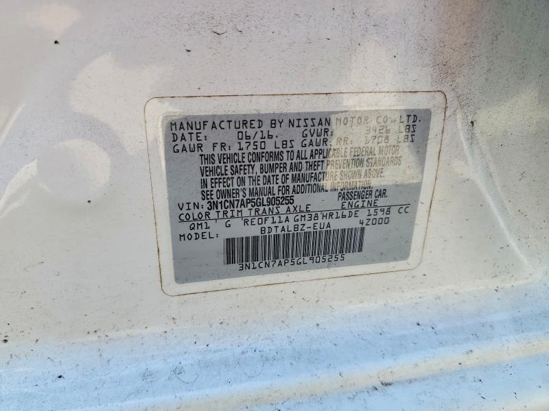 2016 Nissan Versa მანქანა იყიდება აუქციონზე, vin: 3N1CN7AP5GL905255, აუქციონის ნომერი: 60561686