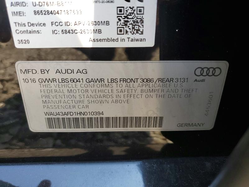 Продажа на аукционе авто 2017 Audi A8, vin: WAU43AFD1HN010394, номер лота: 59123666