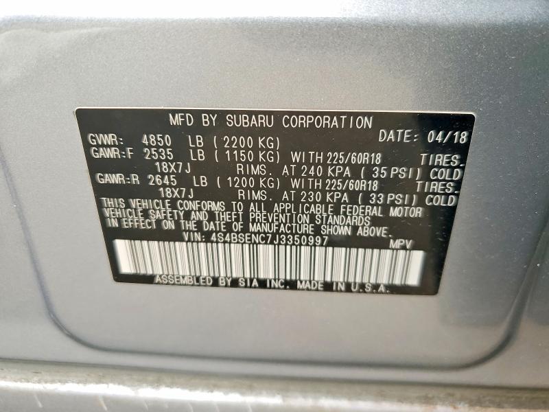 60271876 :رقم المزاد ، 4S4BSENC7J3350997 vin ، 2018 Subaru Outback مزاد بيع