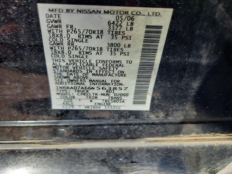 Aukcja sprzedaży 2006 Nissan Titan, vin: 1N6BA07A66N563857, numer aukcji: 62913516